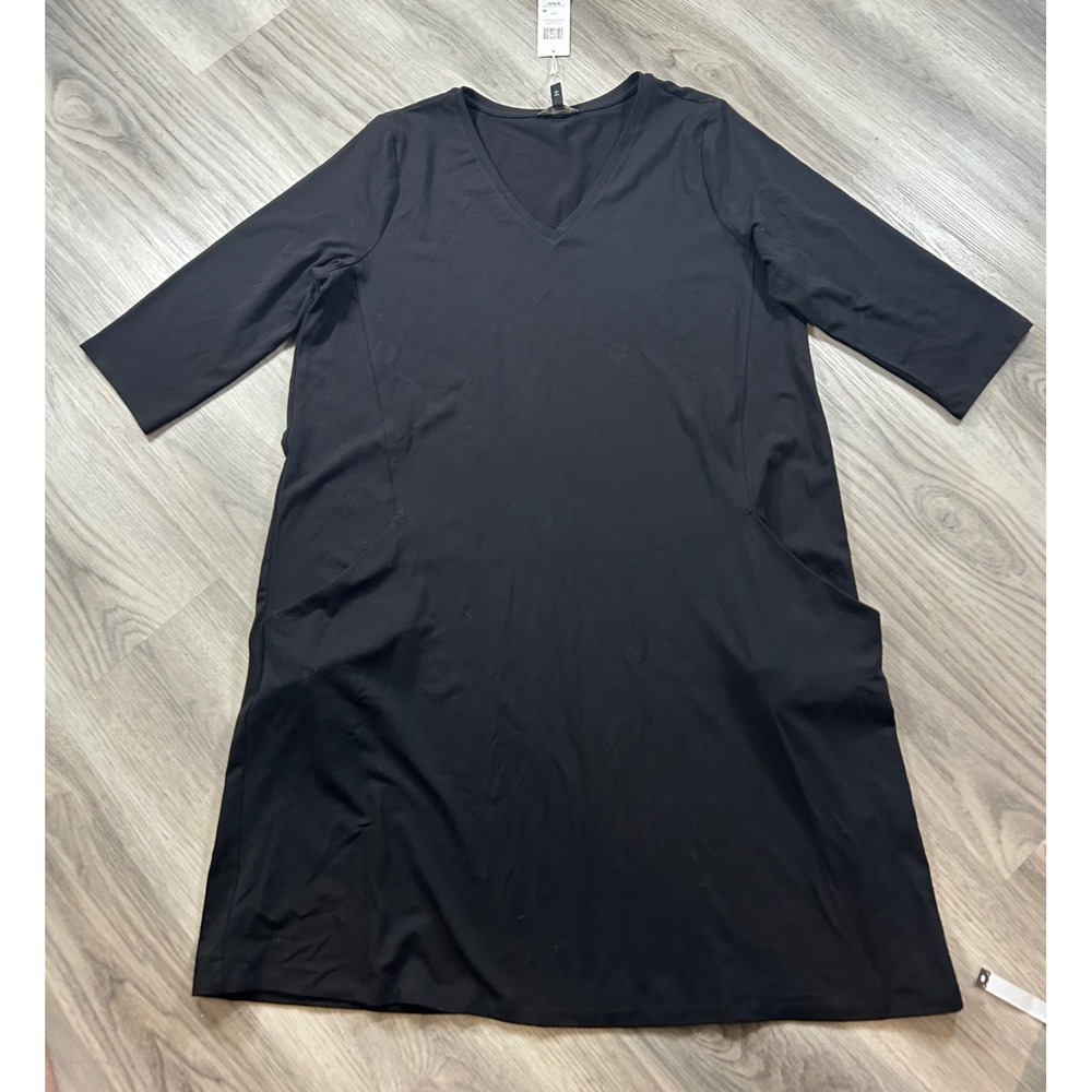 Eileen Fisher Black V-Neck A-Line Dress Tencel Lyocell Pockets Size L NWT luxury
